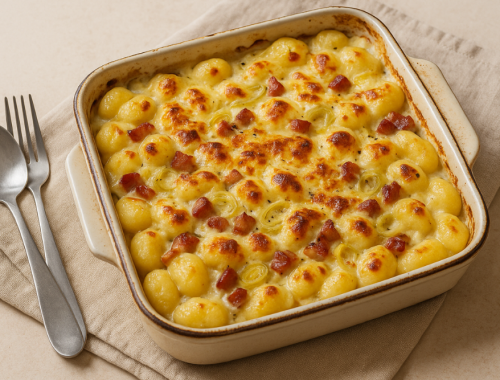 Gnocchi gratinati al forno con pancetta affumicata, porro e crescenza