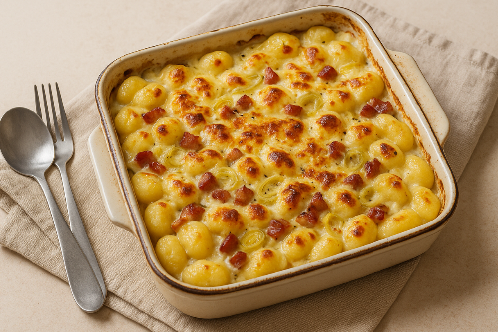 Gnocchi gratinati al forno con pancetta affumicata, porro e crescenza