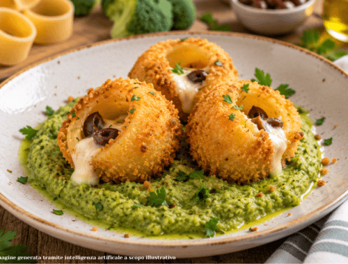 Anelli di pasta fritti ripieni di mozzarella e olive, croccanti fuori e filanti dentro, serviti su una morbida crema di broccoli