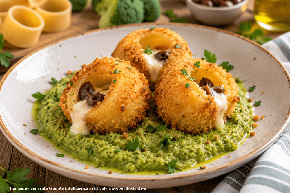 Anelli di pasta fritti ripieni di mozzarella e olive, croccanti fuori e filanti dentro, serviti su una morbida crema di broccoli