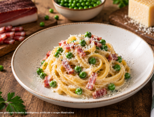 Fettuccine speck piselli e panna, un primo piatto cremoso e facile da preparare. Scopri ingredienti, procedimento e varianti della ricetta.