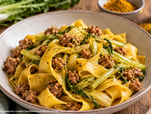 Un piatto fumante di Pappardelle con puntarelle e salsiccia nostrana, arricchite da un pizzico di curry.