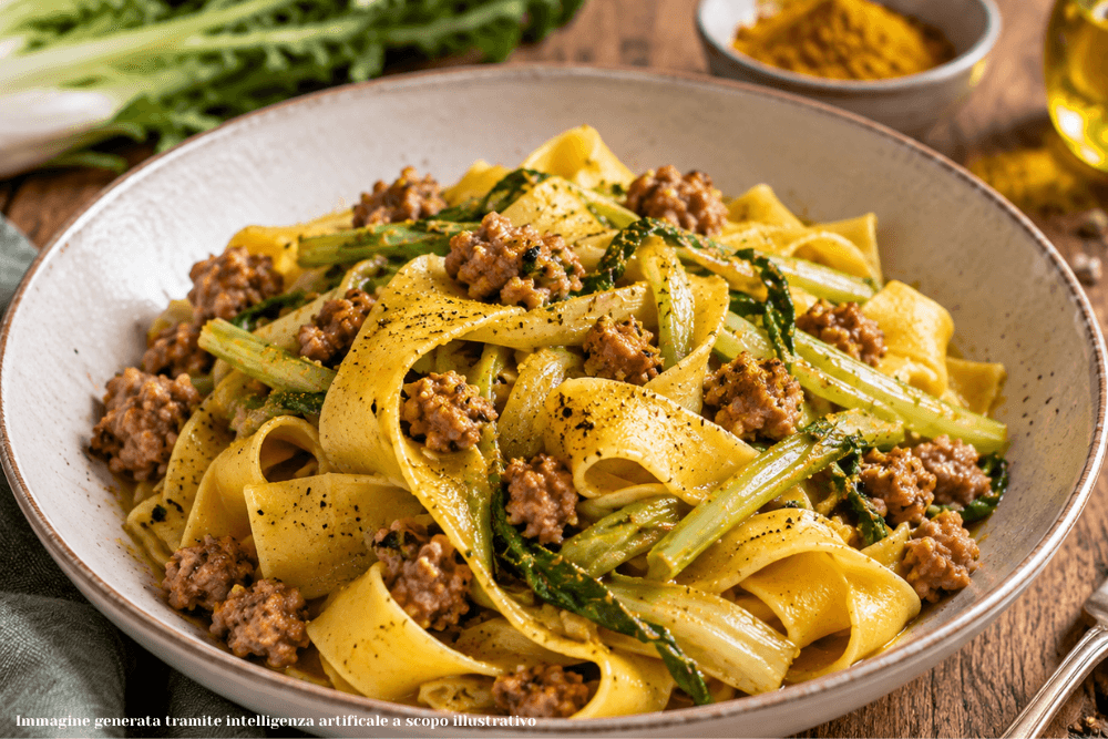 Un piatto fumante di Pappardelle con puntarelle e salsiccia nostrana, arricchite da un pizzico di curry.