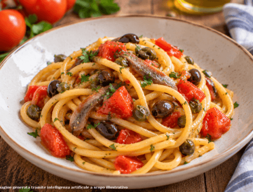 paghetti alla chitarra con alici, capperi, olive e pomodoro fresco. Un primo piatto saporito e semplice da preparare con pochi ingredienti.