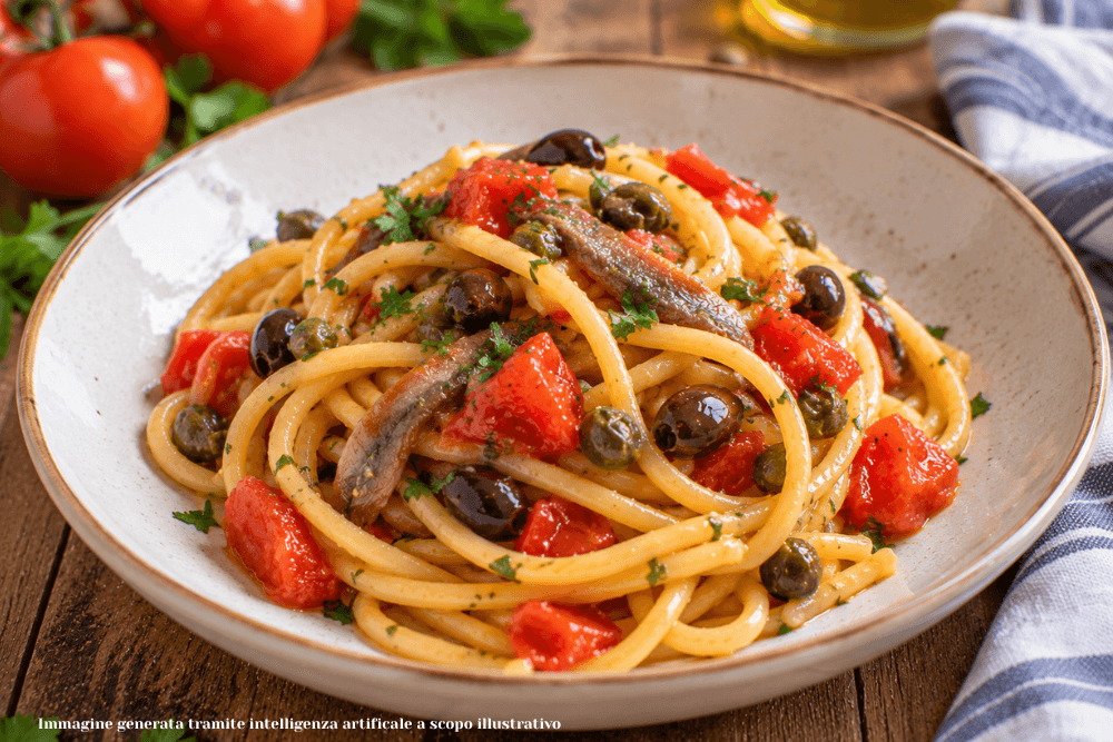 paghetti alla chitarra con alici, capperi, olive e pomodoro fresco. Un primo piatto saporito e semplice da preparare con pochi ingredienti.
