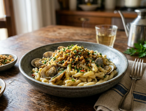 Primo piatto di pasta con vongole e granella di pane nero al sesamo.
