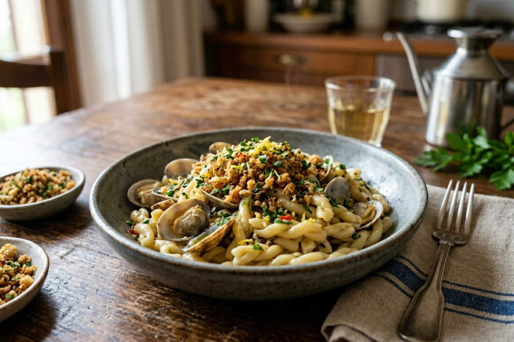 Primo piatto di pasta con vongole e granella di pane nero al sesamo.