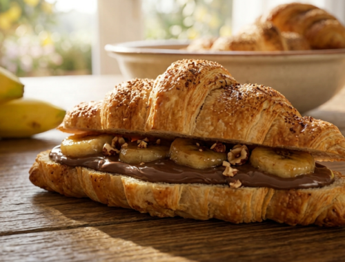 Croissant di pasta sfoglia dorati in una ciotola rustica con banane fresche e crema alle nocciole su un tavolo di legno al sole.