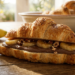 Croissant di pasta sfoglia dorati in una ciotola rustica con banane fresche e crema alle nocciole su un tavolo di legno al sole.