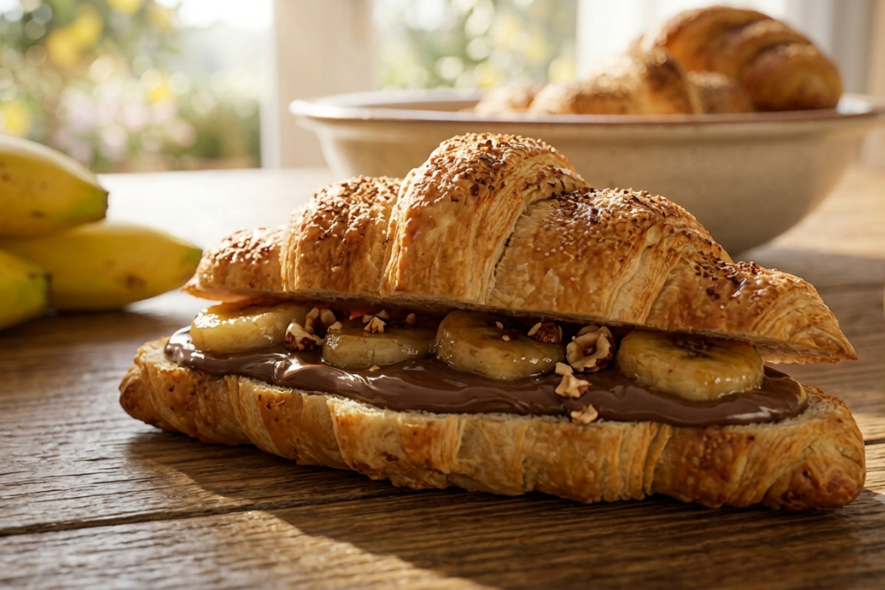 Croissant di pasta sfoglia dorati in una ciotola rustica con banane fresche e crema alle nocciole su un tavolo di legno al sole.