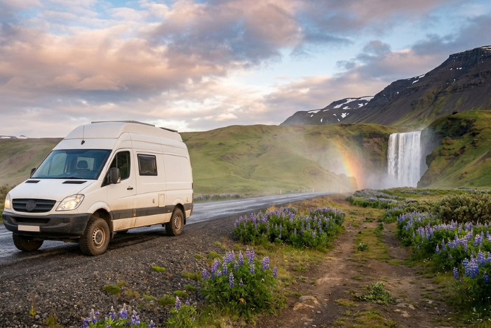 Un camper 4x4 percorre la Ring Road mentre il sole di mezzanotte di giugno illumina una maestosa cascata sullo sfondo.