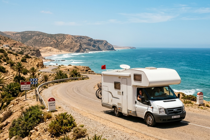 Un camper che percorre una strada costiera vicino a Essaouira, con l'oceano da un lato e le tipiche costruzioni bianche e blu dall'altro.