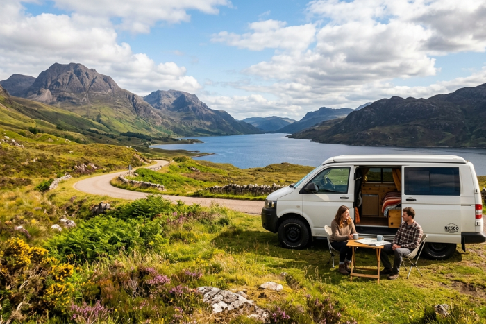 Un van parcheggiato sulle rive di un loch isolato nelle Highlands, circondato da colline verdissime e nuvole spettacolari.