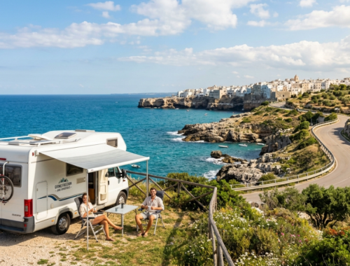 Esempio di viaggio in camper a giugno: sosta panoramica on the road in una delle mete ideali per l'inizio dell'estate