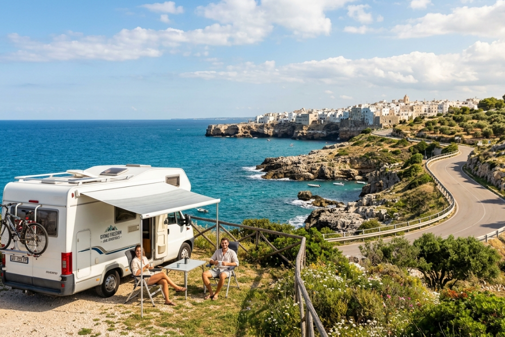 Esempio di viaggio in camper a giugno: sosta panoramica on the road in una delle mete ideali per l'inizio dell'estate