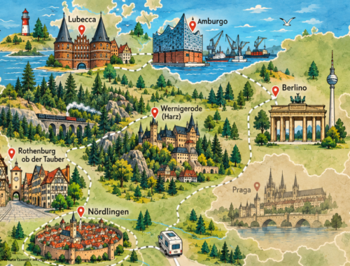 Una rappresentazione del viaggio attraverso la Germania del nord in camper