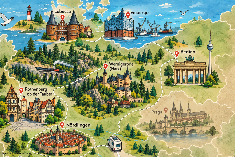 Una rappresentazione del viaggio attraverso la Germania del nord in camper