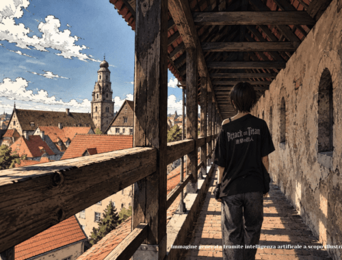 Illustrazione in stile manga di una ragazza di spalle con la maglietta di Attack on Titan sul camminamento delle mura di Nördlingen