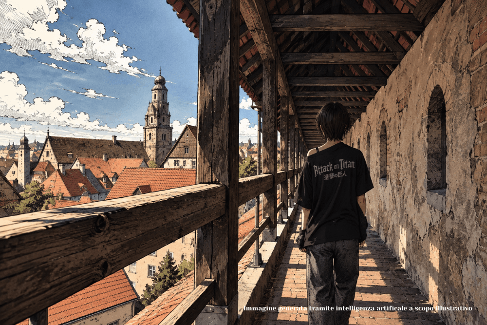 Illustrazione in stile manga di una ragazza di spalle con la maglietta di Attack on Titan sul camminamento delle mura di Nördlingen