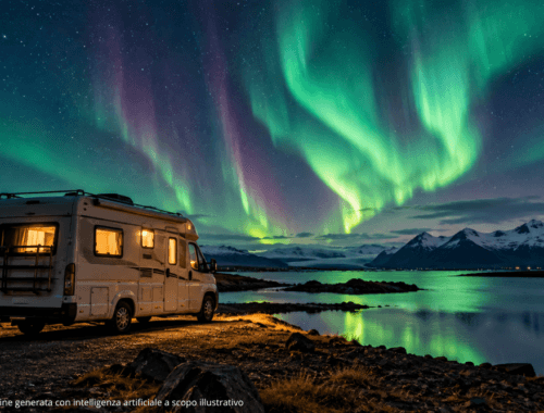 Camper in Islanda sotto l'aurora boreale