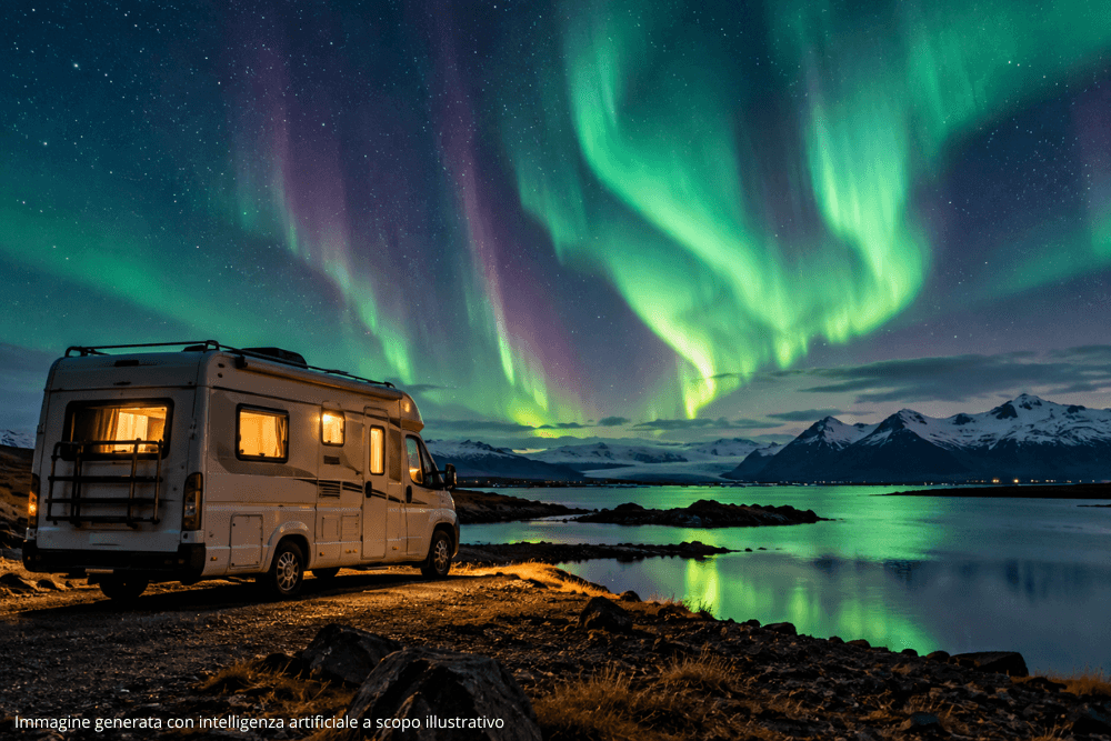 Camper in Islanda sotto l'aurora boreale