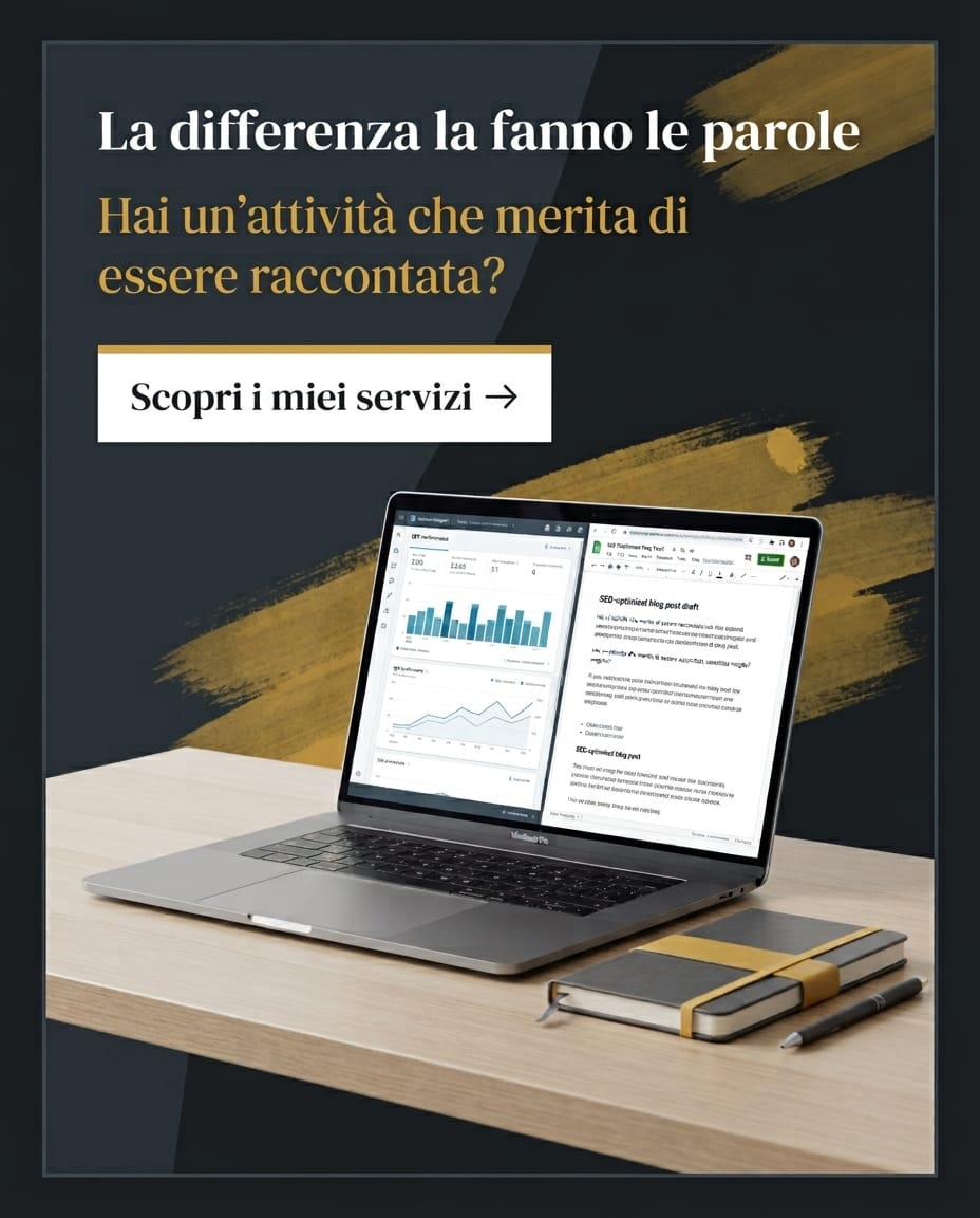 Banner con laptop e taccuino su una scrivania che promuove i servizi di SEO Copywriting e comunicazione digitale di Sabrina Balugani.
